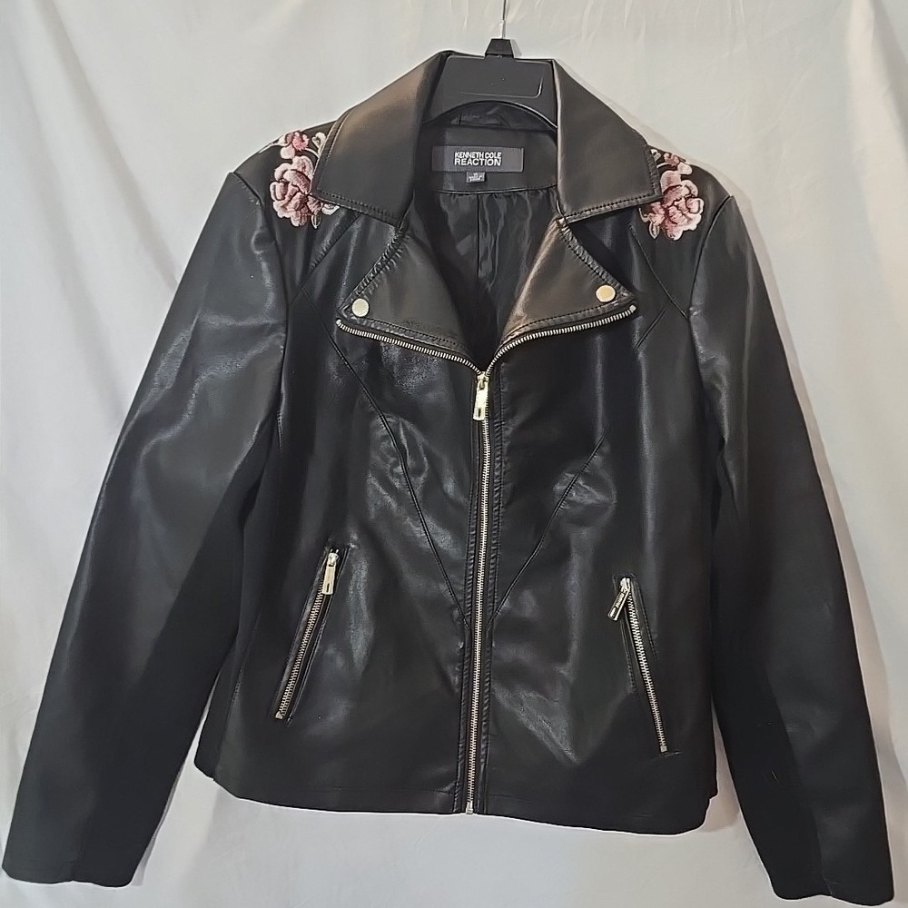 Kenneth Cole Reaction Faux Leather Jacket‎ With Embroidered Flower Accents Sz XL